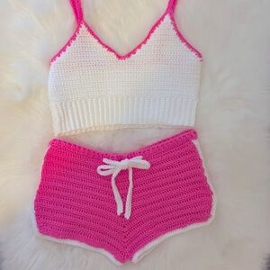 Crochet Pink Shorts and Crop Top New Excellent Condition
